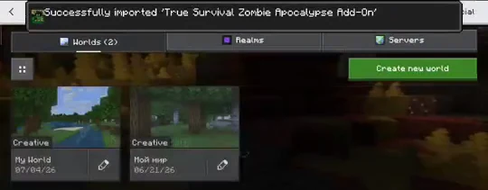 Minecraft Bedrock Play screen with a banner saying the addon was successfully imported