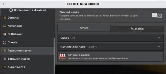 Minecraft Bedrock Resource Packs screen with the Active and Available tabs, the Available tab selected, and the Owned list collapsed
