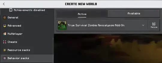 Minecraft Bedrock create-world screen, Behavior Packs section, with the addon listed under the Active tab