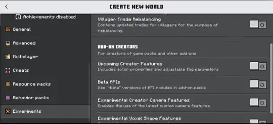 Minecraft Bedrock Experiments list in world settings showing the Beta APIs toggle