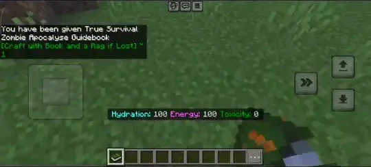 Minecraft Bedrock gameplay with an addon active, showing a custom message and on-screen stats